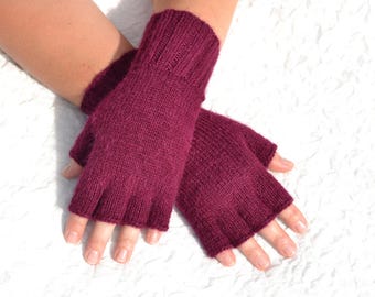Ruby wine pure alpaca hand knitted half finger gloves, handmade open finger gloves for women's, medium size gloves