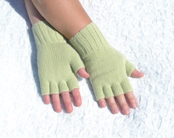 Light green pure cashmere half finger gloves, handmade open finger gloves / wrist and hand warmers, texting finger tipless gloves