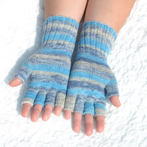 Hand knitted blue and grey half finger gloves, handmade woolen gloves with open fingers, typing gloves for cold hands, fingerless gloves image 2