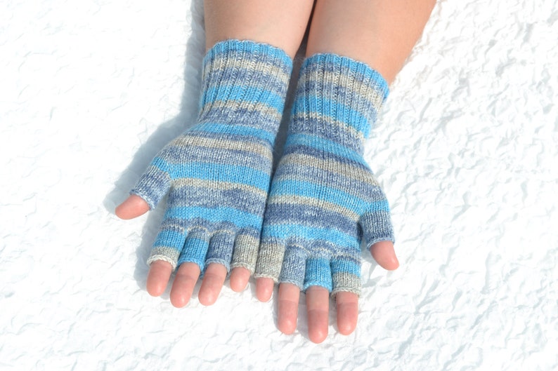 Hand knitted blue and grey half finger gloves, handmade woolen gloves with open fingers, typing gloves for cold hands, fingerless gloves image 2