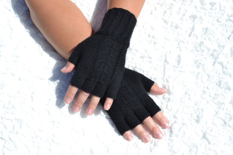 Black cashmere half finger gloves hand knitted gloves black | Etsy