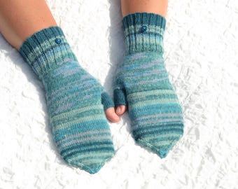 Striped half finger convertible mitten gloves, hand knitted of wool and acryl in green, blue and turquoise colors, patterned flip top gloves