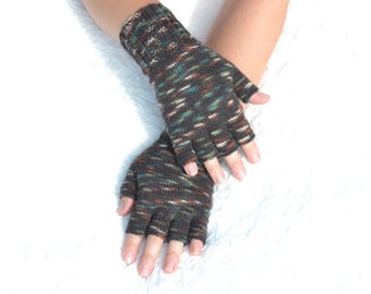 Guantes de medio dedo de color marrón oscuro, guantes tejidos a mano con dedos abiertos, guantes de lana hechos a mano en color marrón con guiones multicolores