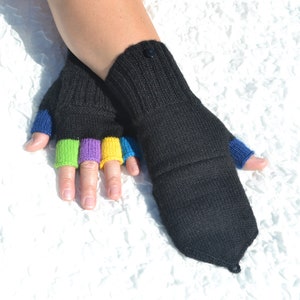 Hand knitted black convertible mittens with colorful half-fingers