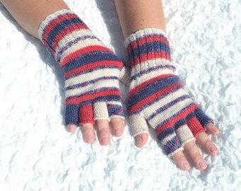 Handmade striped half finger gloves, red, blue, white open finger gloves, hand knit arm warmers with stripes, wool blend medium size gloves