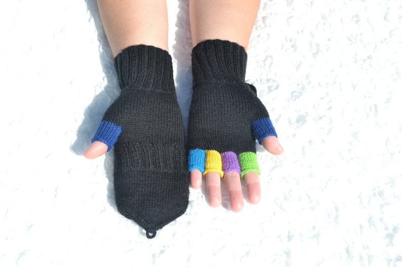 Hand knitted black convertible mittens with colorful half-fingers