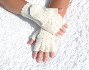 Off-white merino convertible gloves, hand knitted convertible mittens, flip top mittens, glomitts, half finger mittens, merino wool mittens