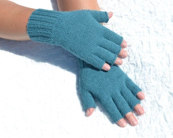 Sea blue tipless gloves, hand knitted 100% alpaca wool open finger texting gloves for cold hands, half finger winter gloves in medium size