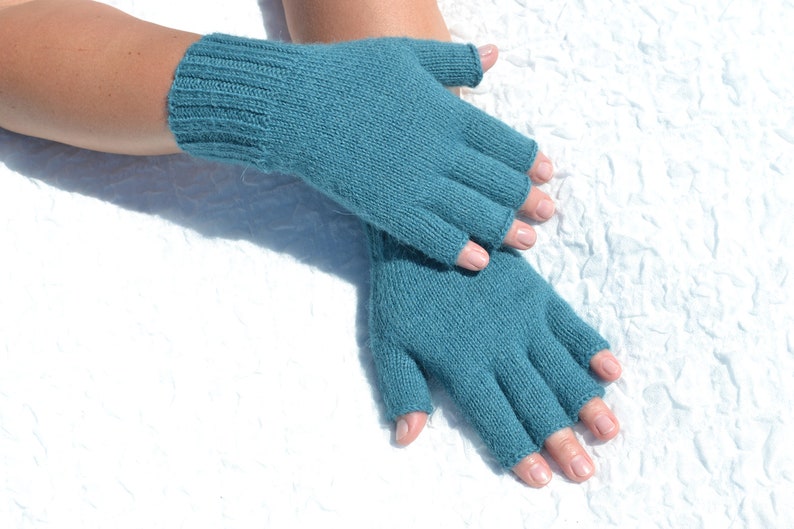 Sea blue hand knitted 100% alpaca wool open finger tipless texting gloves for cold hands in medium size