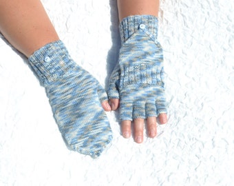 Blue, white, beige convertible mittens, hand knitted flip top mittens, handmade woolen glomitts, winter/fall convertible mittens for women