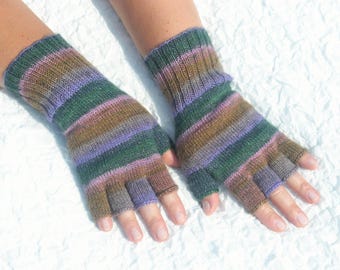 Handmade striped green, brown, purple gloves with glitter, hand knitted wool and acrylic open finger gloves, half finger gloves for womens