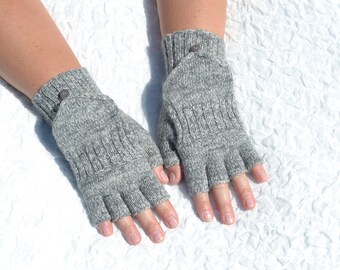 Gray Half Finger Gloves Convertible to Mittens, Hand Knitted