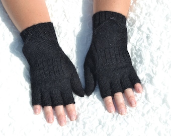 Black pure alpaca convertible mittens with fully covered thumbs, hand knit black flip top mittens, glomitts, half finger convertible gloves