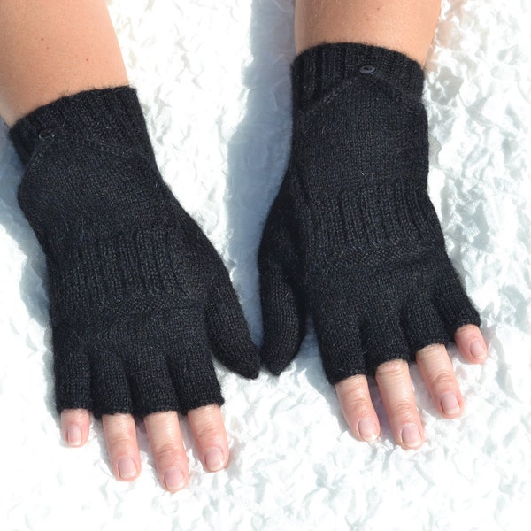 Mitaines convertibles en alpaga pur noir avec pouces entièrement couverts, mitaines noires tricotées à la main, glomitts, gants convertibles demi-doigts