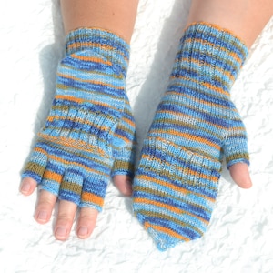 Blue,orange convertible gloves, hand knitted flip top mittens, handmade woolen glomitts, knit multicolor convertible mittens for women/girls