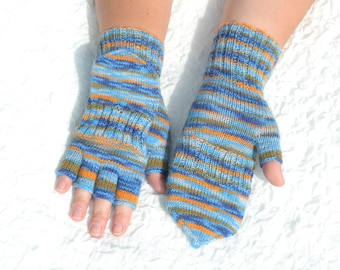Blue,orange convertible gloves, hand knitted flip top mittens, handmade woolen glomitts, knit multicolor convertible mittens for women/girls