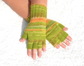 Hand knitted lime green, yellow and orange patterned half finger gloves, handmade wool and acryl open finger gloves, women's knitwear