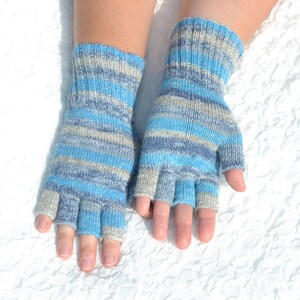 Hand knitted blue and grey half finger gloves, handmade woolen gloves with open fingers, typing gloves for cold hands, fingerless gloves image 4