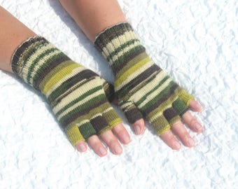Green and brown striped handmade half finger gloves, open finger gloves, multicolor winter / fall gloves, wool gloves for womens