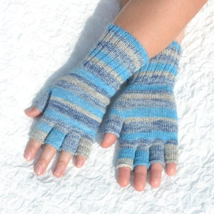 Hand knitted blue and grey half finger gloves, handmade woolen gloves with open fingers, typing gloves for cold hands, fingerless gloves image 6