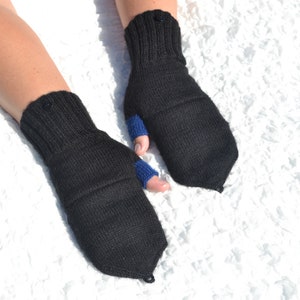 Hand knitted black convertible mittens with colorful half-fingers