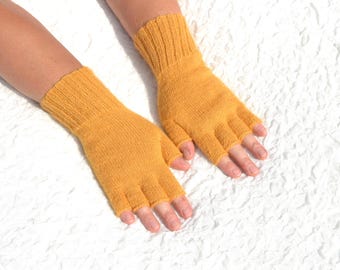 Pure alpaca mustard yellow half finger gloves, handmade alpaca gloves, hand knitted arm warmers, open finger bright gloves for women