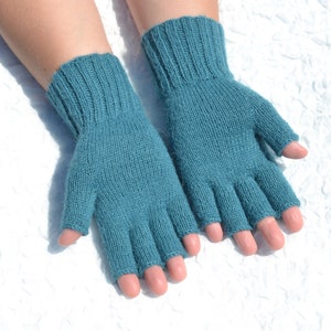 Sea blue hand knitted 100% alpaca wool open finger tipless texting gloves for cold hands in medium size