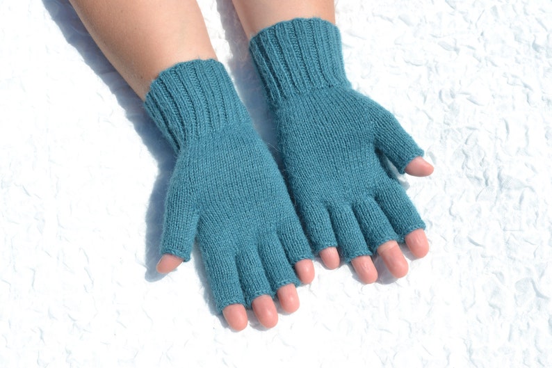 Sea blue hand knitted 100% alpaca wool open finger tipless texting gloves for cold hands in medium size