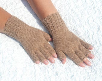 Brown finger tipless gloves hand knitted of pure alpaca, handmade extra long open finger gloves, touchscreen gloves, unisex knit gloves