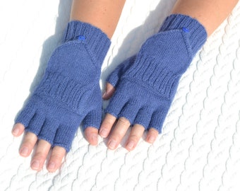 Hand knitted blue alpaca half finger mittens, handmade convertible gloves with flaps, soft and warm winter glomitts, knit flip top mittens