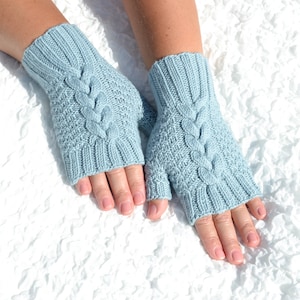 Bluish 100% merino wool fingerless gloves, hand knitted merino gloves, women&#39;s wrist warmers, cable knit blue gloves, merino wool gloves