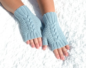 Bluish 100% merino wool fingerless gloves, hand knitted merino gloves, women's wrist warmers, cable knit blue gloves, merino wool gloves