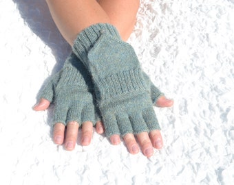 Green alpaca wool convertible mittens, hand knitted half finger gloves convertible to mittens,knit  green flip top mittens, alpaca glomitts