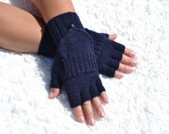 Dark blue convertible mittens, hand knitted convertible gloves, wool flip top mittens, handmade half finger gloves,knit open finger glomitts
