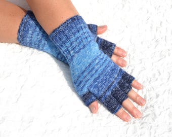 Hand knitted patterned blue half finger gloves made of wool and acrylic yarn in small, medium size, striped blue open finger tipless gloves