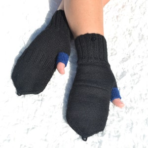 Hand knitted black convertible mittens with colorful half-fingers