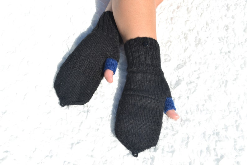 Hand knitted black convertible mittens with colorful half-fingers