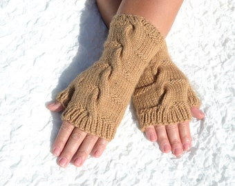 Brown fingerless gloves, hand knitted wool and mohair brown gloves, cable knit open fingers gloves, autumn or winter open finger gloves