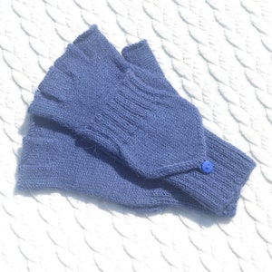 Hand knitted blue alpaca half finger mittens