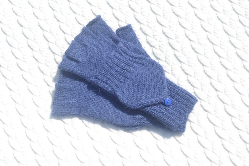 Hand knitted blue alpaca half finger mittens