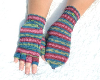 Hand knitted colorful half finger gloves convertible to mittens, wool blend flip top mittens, handmade convertible gloves, winter glomitts