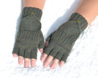 Hand knitted dark green half finger gloves convertible to mittens, woolen flip top mittens, handmade convertible gloves, glomitts in S/M