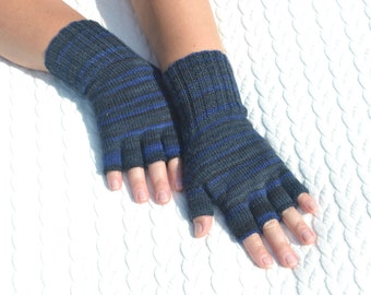 Gants demi-doigts en laine gris foncé, bleu et noir, gants à doigts ouverts tricotés à la main, gants sans pointe, gants de dactylographie, chauffe-poignets