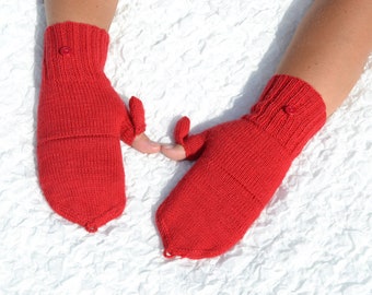 Red convertible mittens, hand knitted convertible gloves, flip top mittens with thumb flap, glomitts, half finger mittens, red wool gloves