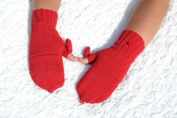 Red Convertible Mittens Hand Knitted Convertible Gloves Flip Top