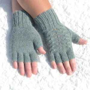 Alpaca wool half finger gloves, hand knitted women's gloves, handmade alpaca gloves, cable knit half finger gloves, aqua grey gloves image 5