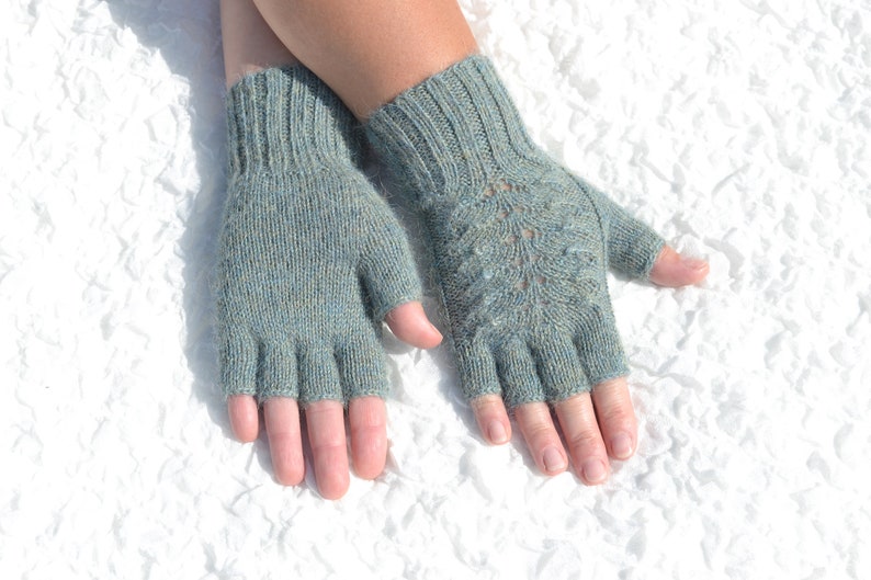 Alpaca wool half finger gloves, hand knitted women's gloves, handmade alpaca gloves, cable knit half finger gloves, aqua grey gloves image 5