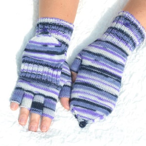 Striped purple convertible gloves, hand knitted flip top mittens, handmade woolen glomitts, multicolor convertible mittens for winter/fall