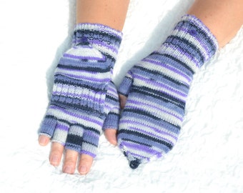 Striped purple convertible gloves, hand knitted flip top mittens, handmade woolen glomitts, multicolor convertible mittens for winter/fall