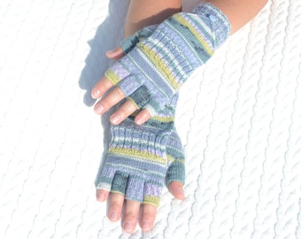 Hand knitted green multicolor convertible half finger gloves with mitten flap, striped wool half gloves half mittens, knit winter glomitts